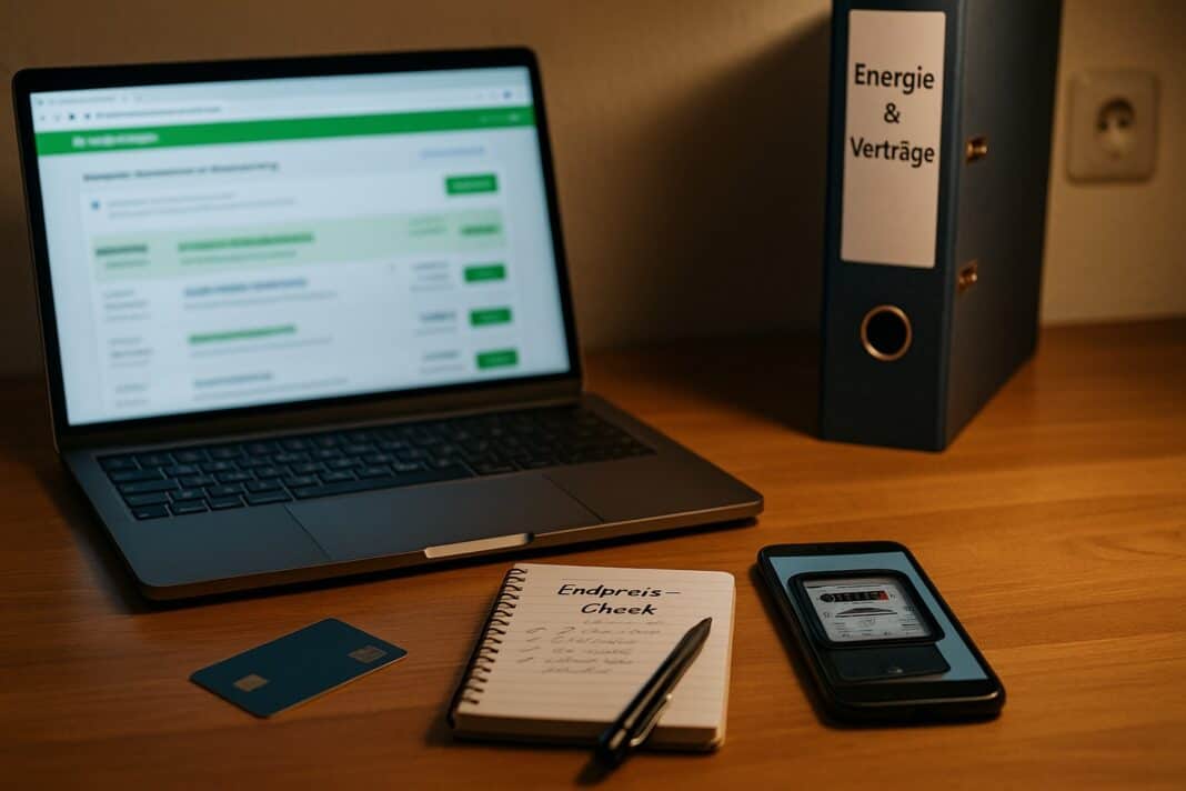 Abendlicher Ökostrom‑Tarifcheck am Küchentisch