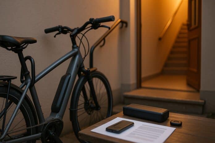 Gut gesichert: E‑Bike am Geländer mit Bügelschloss