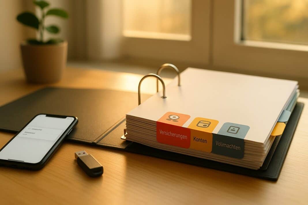 Vorsorgeordner, Notfallordner, Versicherungsordner, Dokumentenordner, digitale Ablage, Vollmacht Patientenverfügung, Freistellungsauftrag, Kündigungsfristen, Notfallumschlag, Altersvorsorge Ordnung