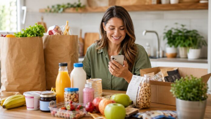Glücklicher Einkauf mit kostenlosen Lebensmitteln und Food-Proben