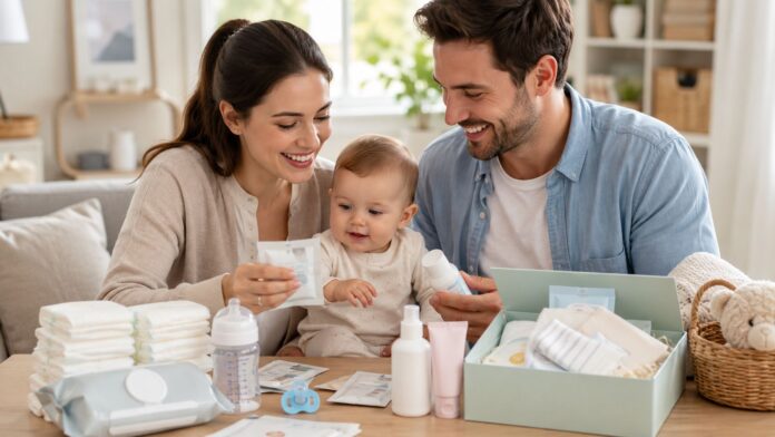 Glückliche Familie mit Baby und kostenlosen Babyproben im hellen Zuhause